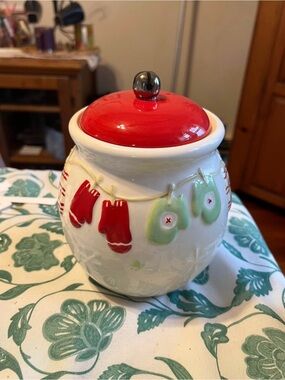Hallmark Ceramic Cookie Jar with Red Lid and Green Accents